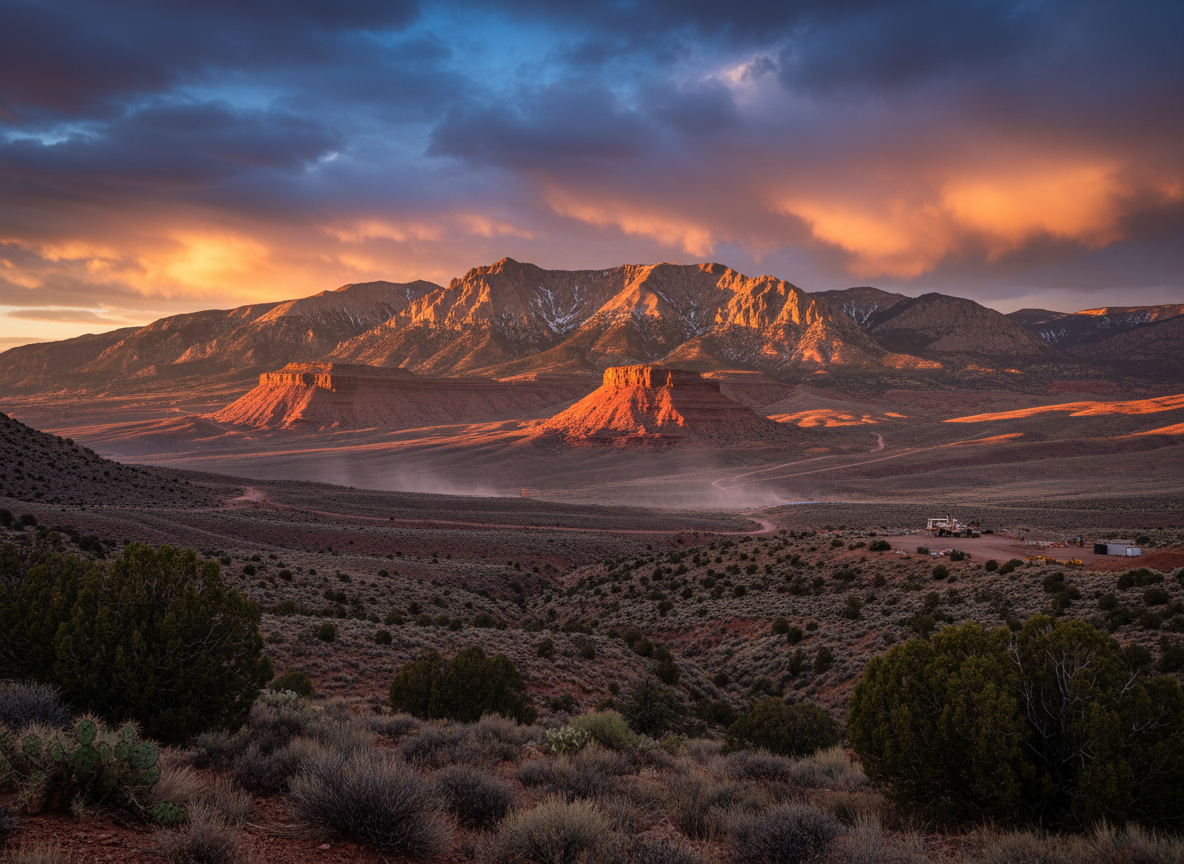 Wide cinematic landscape of rugged Colorado mountain terrain — rocky ridgelines, high desert valleys, scrubland and mesa country near the Western Slope. Golden hour light, dramatic sky, vast open land. The kind of remote terrain where infrastructure crews work. No people, no text, no logos. Photorealistic, high contrast, wide aspect ratio.